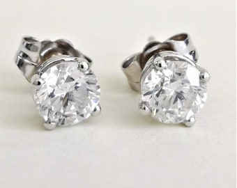 Stud Diamond Earrings, 18k White Gold, Minimalist Earrings, Natural Round 0.80 Carat, D VS1 VS2