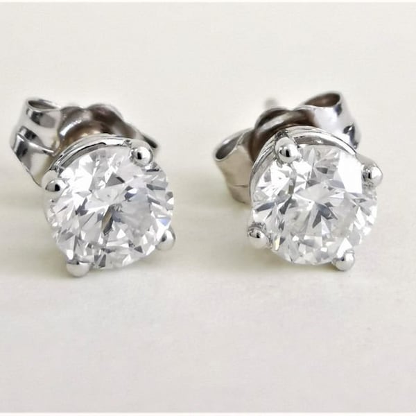 Stud Diamond Earrings, 18k White Gold, Minimalist Earrings, Natural Round 0.80 Carat, D VS1 VS2