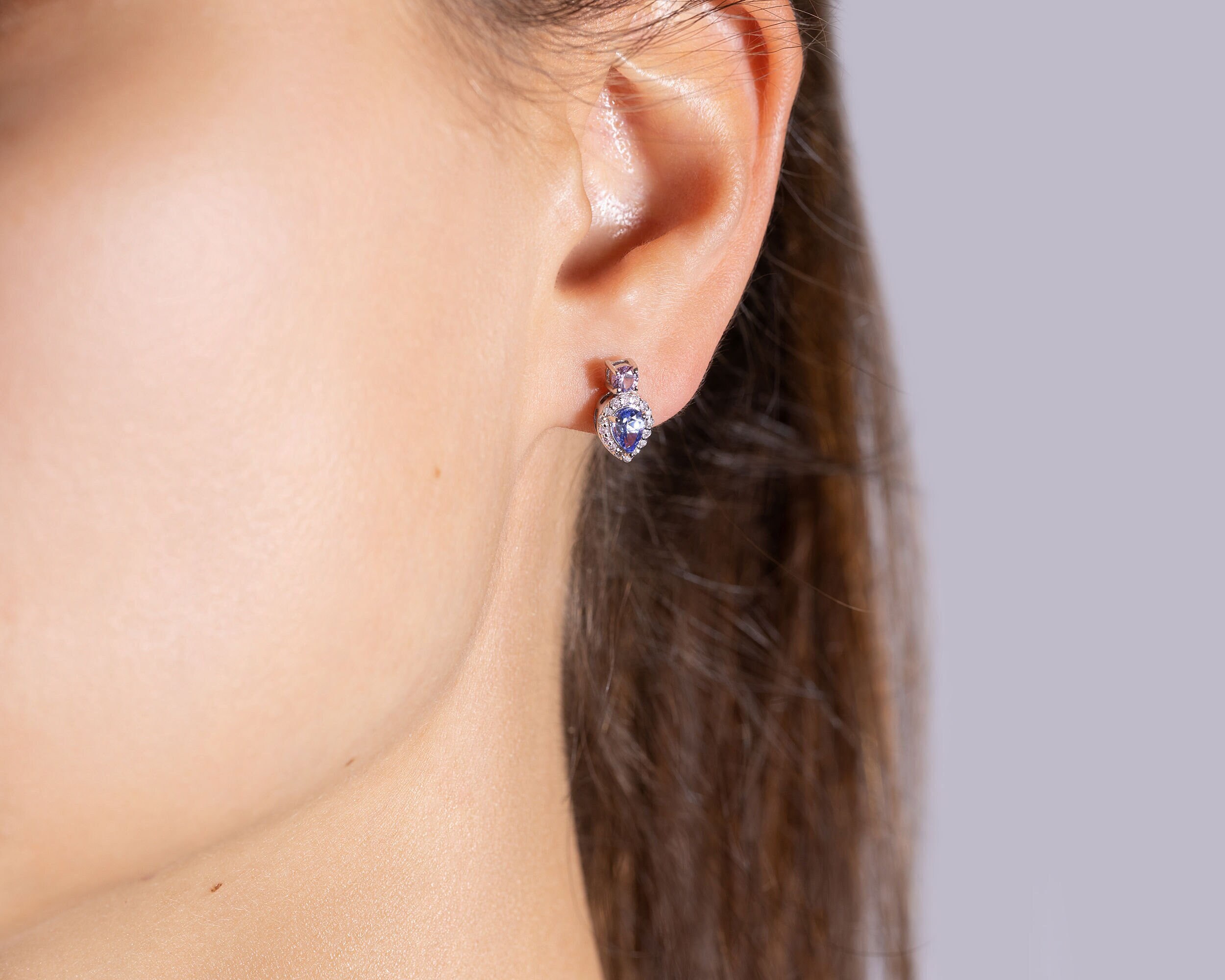 Pear Cut Earrings Sapphire & Tanzanite Unique Art Deco Earrings, Thanks Giving Gift, Ear Lobe Studs