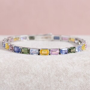 Natural Rainbow Emerald Cuts Sapphire Tennis Bracelet, Natural Sapphires, 14K Gold, Colorful Gemstones Birthstone Bracelet image 3
