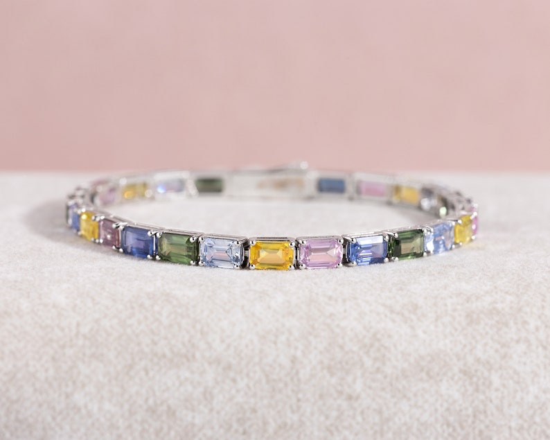 Natural Rainbow Emerald Cuts Sapphire Tennis Bracelet, Natural Sapphires, 14K Gold, Colorful Gemstones Birthstone Bracelet image 3