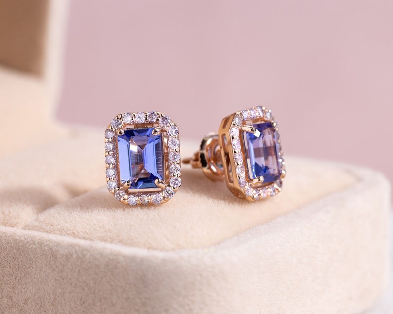 Rose Gold Halo Earrings, Tanzanite Halo Earrings Emerald Cut Shape image 1