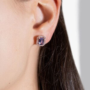 Rose Gold Halo Earrings, Tanzanite Halo Earrings Emerald Cut Shape image 4