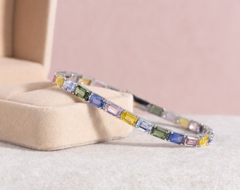 Natural Rainbow Emerald Cuts Sapphire Tennis Bracelet, Natural Sapphires, 14K Gold, Colorful Gemstones Birthstone Bracelet