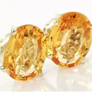 Pendientes de oro amarillo macizo de 14 k con zafiro amarillo naranja natural. Pendientes para mujer. Regalo para ella. 2,01 quilates. Regalo para el Día de la Madre.