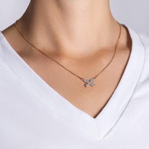 14k Diamond Butterfly Necklace, Solid Gold Necklace, Pave Lab Diamond Butterfly Pendant, Dainty Pendant Necklace, Gift for Mom