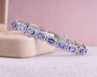 16 Carat Gemstone & Diamond 14k White Gold Tennis Bracelet Cut Cornered Rectangle Step Cut