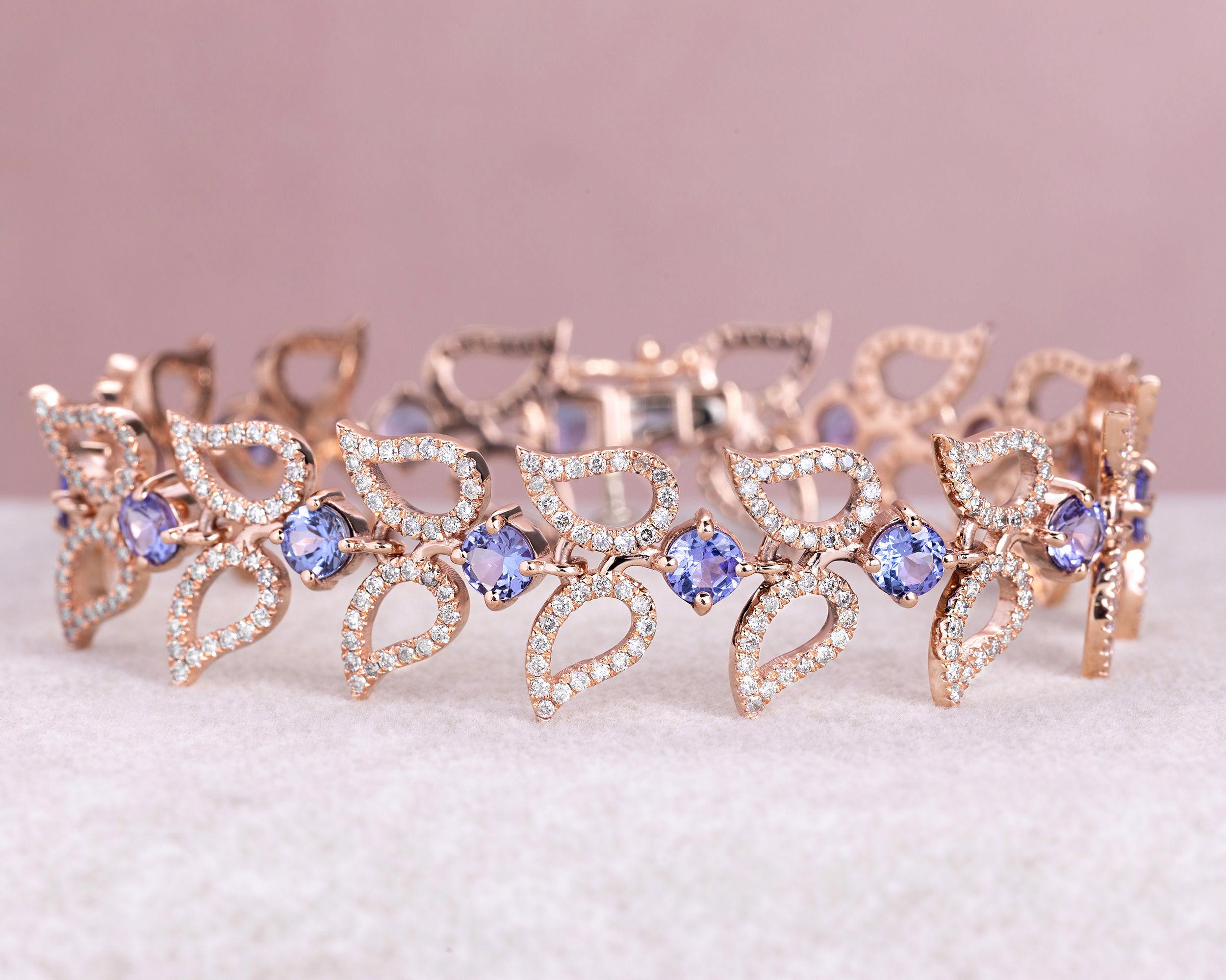 14Kローズゴールド タンザナイトリーフブレスレット | 天然ブルー