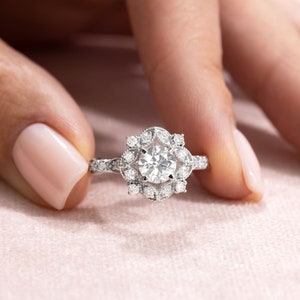 1.55 Ct Beautiful Floral Engagement Ring Round Cut Diamond Flower Wedding Ring For Her Natural Inspired Unique Ring image 2