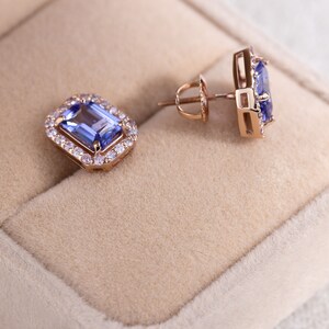 Rose Gold Halo Earrings, Tanzanite Halo Earrings Emerald Cut Shape image 3