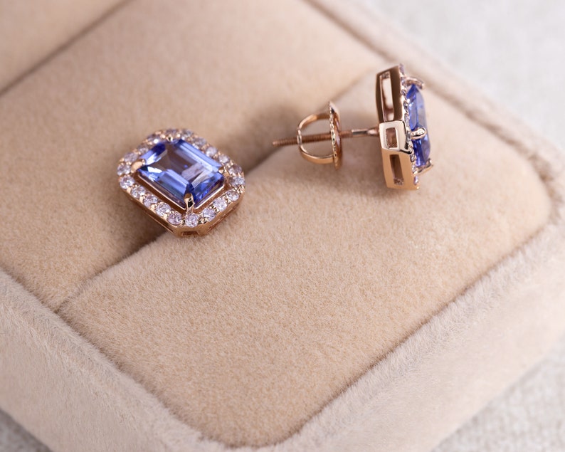 Rose Gold Halo Earrings, Tanzanite Halo Earrings Emerald Cut Shape image 3