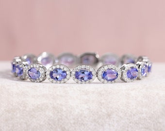 Natural Tanzanite Halo Diamonds Bracelet Tennis Bracelet, 14K Gold December Birthstone Gift for Her