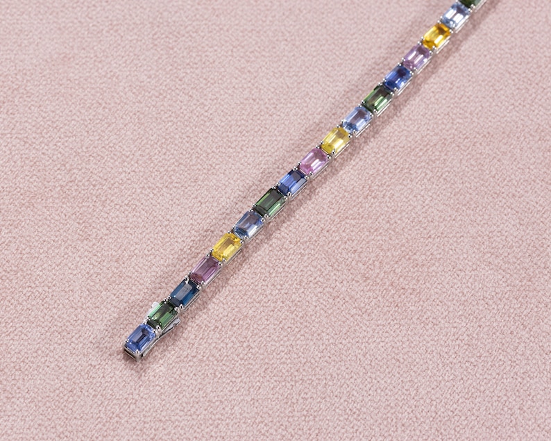 Natural Rainbow Emerald Cuts Sapphire Tennis Bracelet, Natural Sapphires, 14K Gold, Colorful Gemstones Birthstone Bracelet image 4