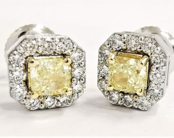 Yellow Diamond Stud Earrings, Solid 18k White Gold, Natural Cushion Cut Diamond, Earrings for Women, Handmade Jewelry, Fancy Intense Yellow