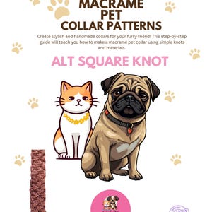 Patrón de collar de perro de macramé con nudos cuadrados alternados / Tutorial de bricolaje y guía de tallas