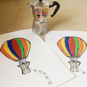 Moka Pot Hot-Air Balloon original A3 Screen Print, Handpulled 7 colour design, Hand-drawn Coffee illustration, Colourful coffee lover gift