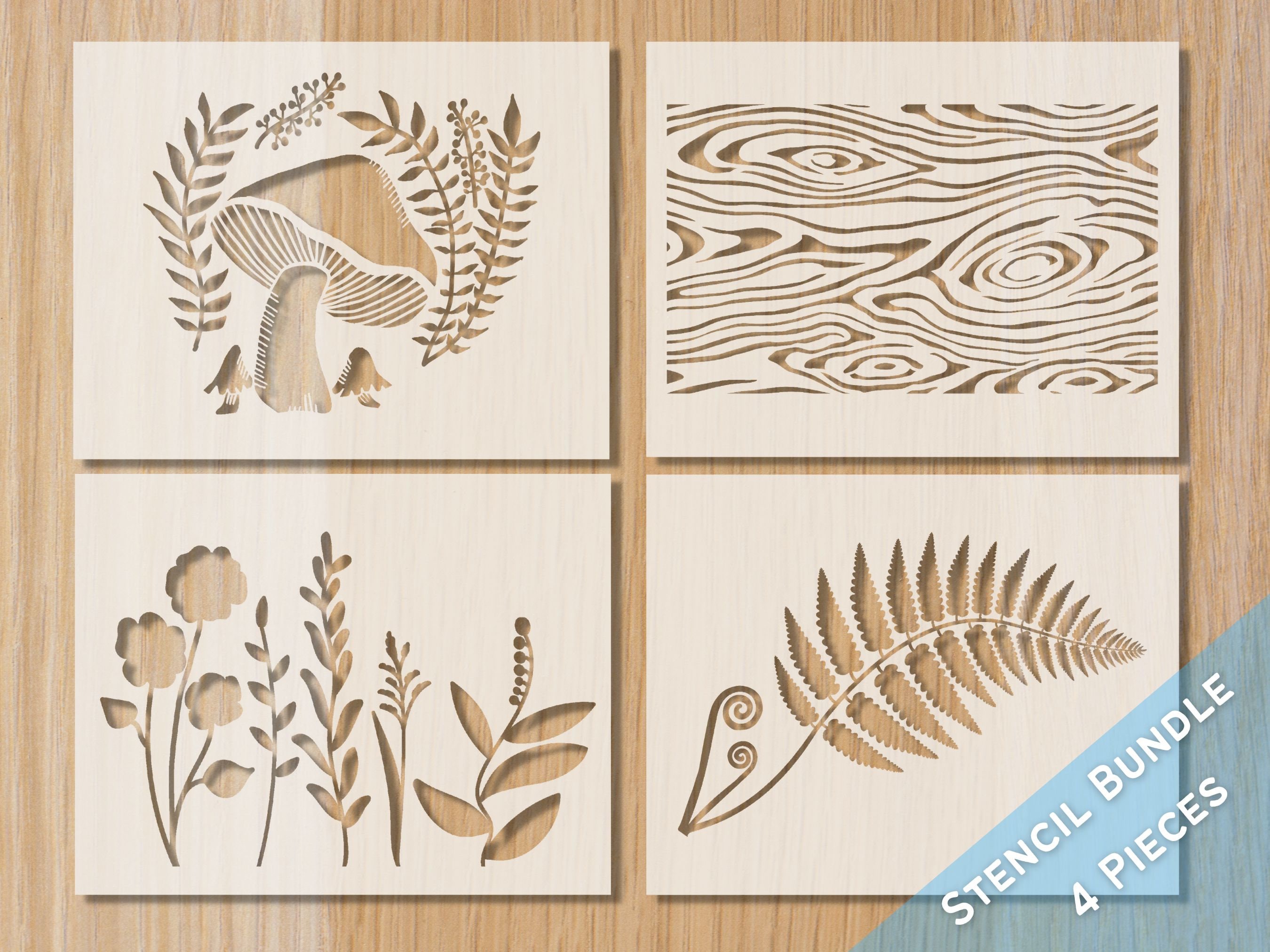 Pacchetto stencil Woodland: funghi, felci, fiori selvatici, venature del legno (4 pezzi)