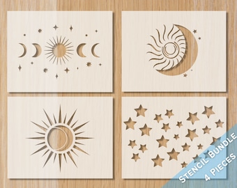 Pacchetto di stencil Luna, Sole e Stelle (4 pezzi): stencil Fasi della Luna, Stencil Sole - Stencil da forno, Stencil per torte, Stencil per pane, Stencil per lavori artigianali
