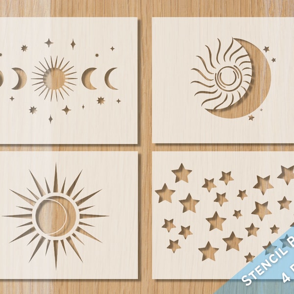 Moon Sun and Stars Stencil Bundle 4pc Stencils Phases of the Moon Sun Stencil - Baking Stencil, Cake Stencil, Bread Stencil, Craft Stencil