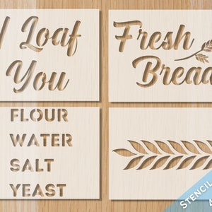 BREAD BAKER STENCIL Bundle 4pc Stencils Fresh Bread, I Loaf You, Ingredients and Leaves Stencil - Sourdough Bread Stencil, Baking Stencil