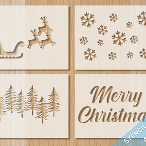 Christmas Stencil Bundle: Sleigh, Snowflakes, Forrest, Merry Christmas (4pc)