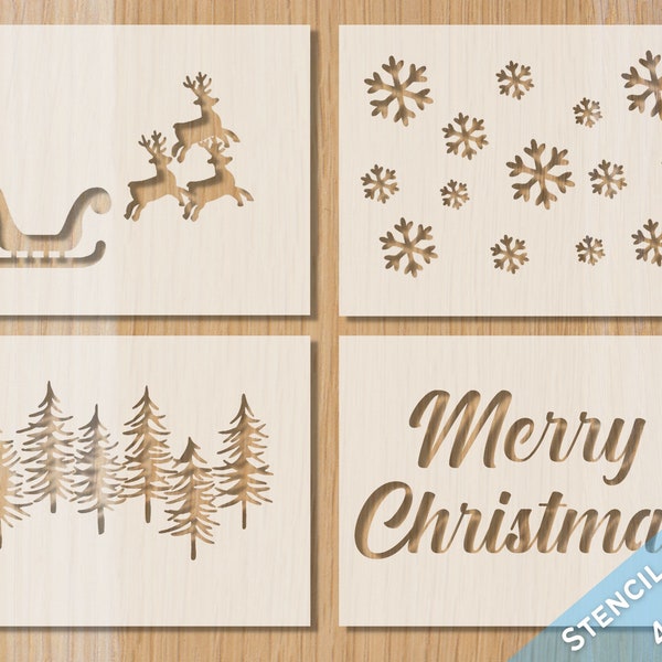Christmas Stencil Bundle: Sleigh, Snowflakes, Forrest, Merry Christmas (4pc)