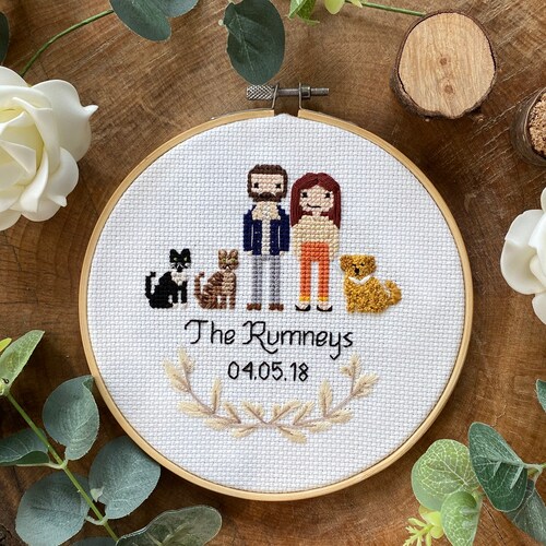 Custom Cross Stitch Family Portrait Hand Embroidered Family Etsy