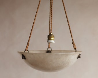 1930s Vintage French Alabaster Chandelier Pendant Plafoniere Hanging Lamp