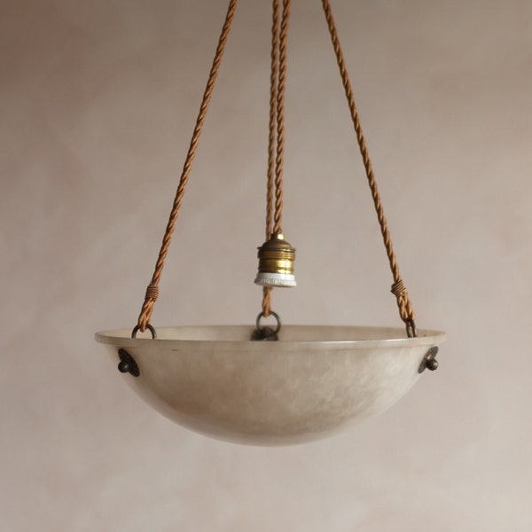 1930s Vintage French Alabaster Chandelier Pendant Plafoniere Hanging Lamp