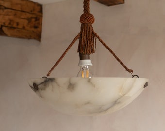 1930s Vintage French Marbled Alabaster Chandelier Pendant Plafoniere Hanging Lamp