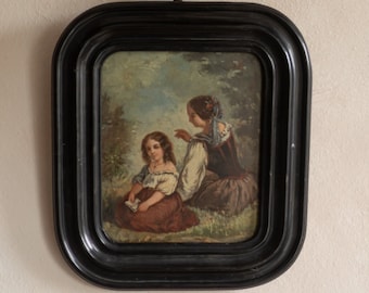 19th Century Small French Antique Portrait Oil Painting of a Young Girl and her Mom. Framed in a Black Frame