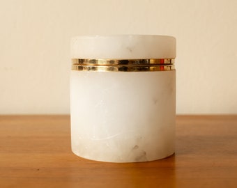 1980s - Vintage White Alabaster & Brass Round Container