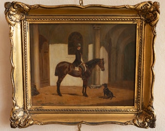 Early 1900s Small Horse Rider and Dog in Stable Painting - Oil on Canvas