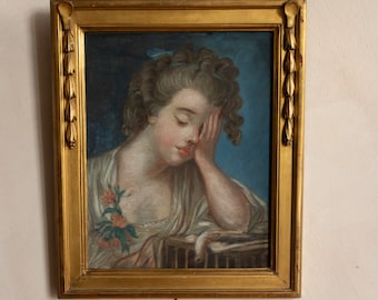 19e eeuw - Antiek pastelschilderij - Rouwend meisje met dode vogel - Ingelijst in vergulde lijst achter glas.