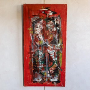 Vintage Belgian Rectangle Abstract Painting in Red - Vintage Oil on Canvas Painting - Signed Rombouts