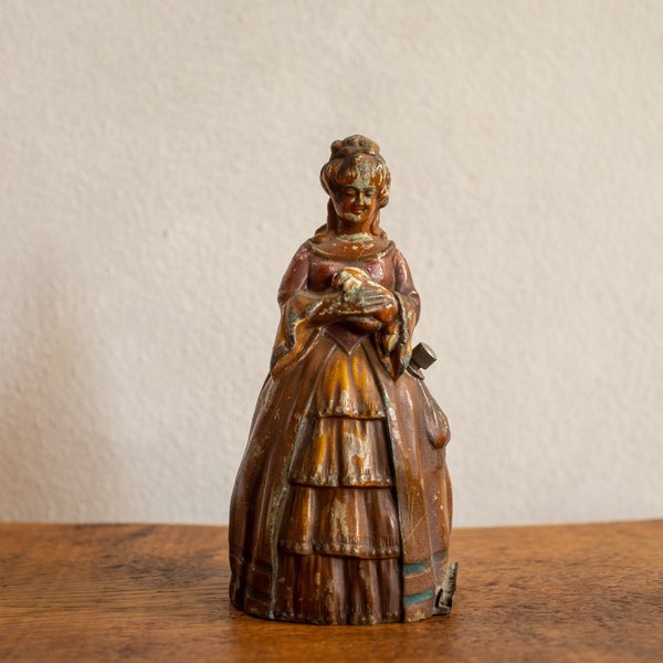 1850-1870 (Mid-19th Century) English Antique Match & Strike Figurine Victorian Era Cold Painted Spelter Crinoline Lady Holding Puppy 1 of 2