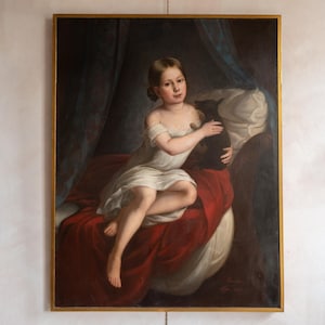 Antique Portrait Oil Painting, Antique Child Portrait Oil Painting, Antique Girl Portrait Painting, Dark Moody Oil Portrait, Signed, Canvas