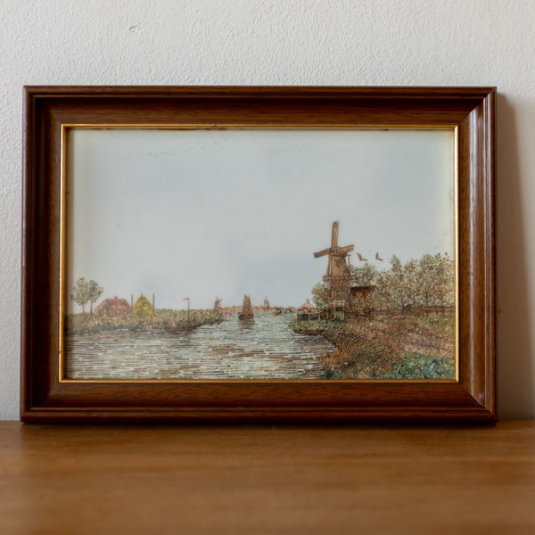 1950's Vintage Framed Tramp Art Postal Stamp Wall Art Behind Glass - Dutch Landscape Scene