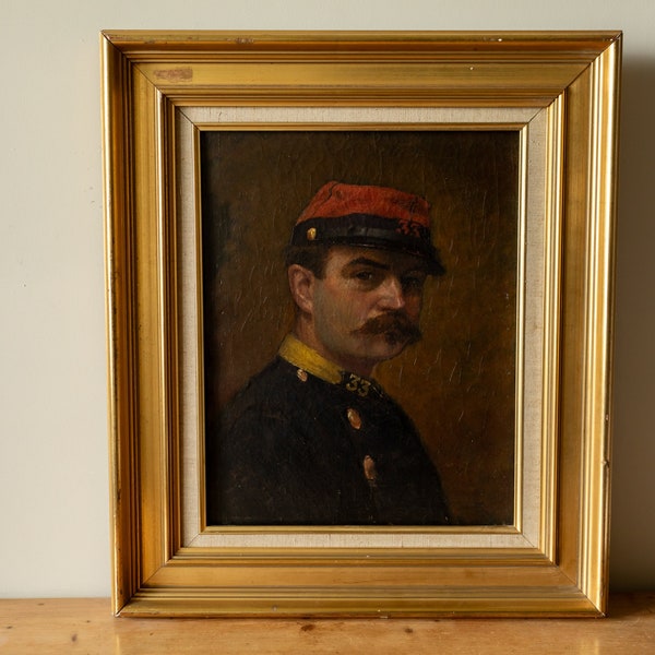 19th Century Antique French Soldier Portrait - Oil Painting on Canvas - Framed in Gold Frame