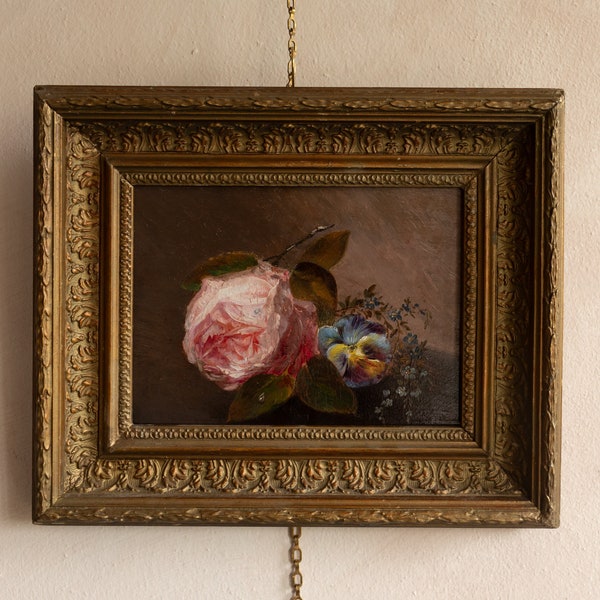 Late 19th Century Antique Rose and Pansy Flower Still Life Painting - Oil Paint on Panel - Framed in Ornate Frame.