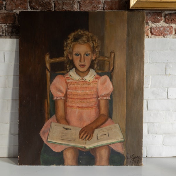 Portrait naïf vintage de 1944 d'une jeune fille lisant sur une chaise, peinture à l'huile sur toile