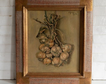 1940 Dutch Vintage Dried Garlic Still Life Oil Painting on Canvas by Elisabeth Adriani Hovy