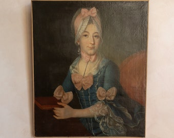 Grande école européenne du XVIIIe siècle (79 cm de haut) ancien portrait de femme - Huile sur toile