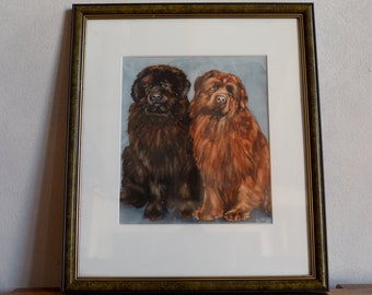 1980s -  A Dutch Vintage Watercolour Painting of A Pair of Newfoundlanders Dogs - Black and Brown