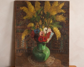 1950s - French Large Vintage Floral Mimosa and Poppy's in Vase Still Life Painting - Oil on Canvas