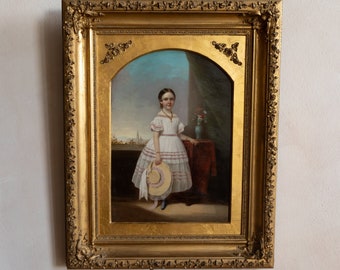 Peinture à l'huile ancienne du XIXe siècle - Portrait de jeune fille - Huile sur papier - Encadrement dans un cadre doré ouvragé