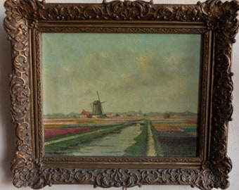 1950's Vintage  Dutch Tulip Flower Fields Oil Painting on Canvas