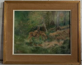 1955 - Vintage Original Pastel Drawing of Two Dears in Woods Framed