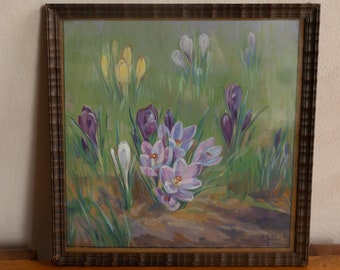 Vintage 1930s Original Gouache Painting Spring Flowers Crocuses- Still life - Framed Behind Glass