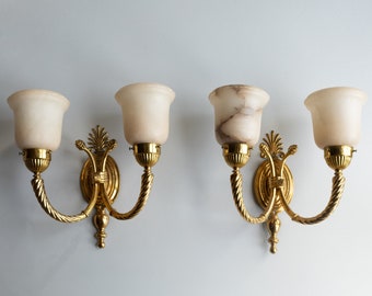 1960s - Pair (2) - Vintage -Regency Revival pair of Brass and Alabaster Wall Lights From Hotel L’Europe in Amsterdam